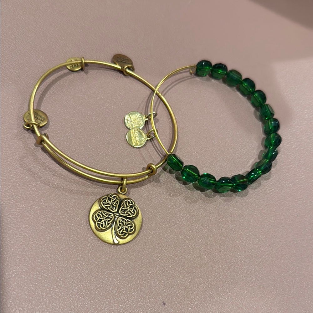 2 Alex and Ani Bracelets 4 leaf clover bracelet and green beaded bracelet